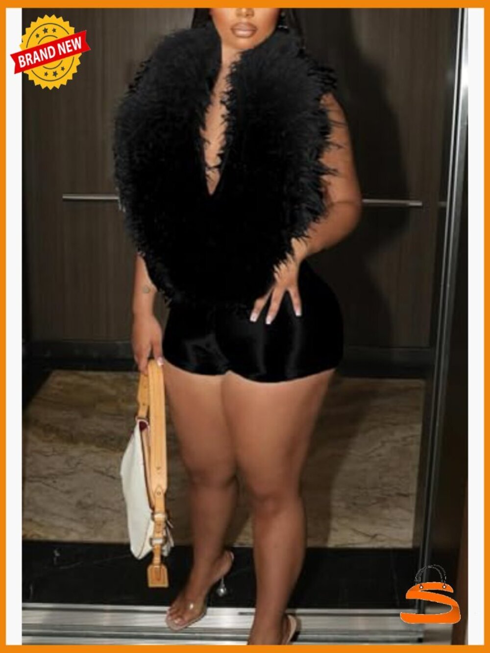 Halter Backless One Piece Jumpsuit Sleeveless Deep V Neck Feather Romper Club - Picture 3 of 6